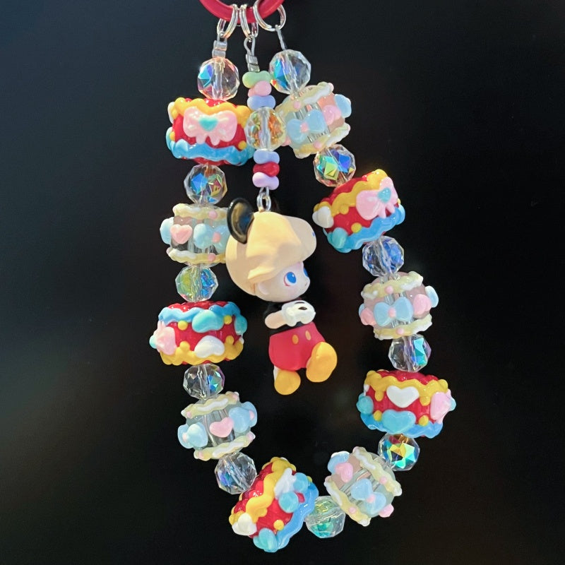 Dimoo Mickey Style Phone Strap – Handmade Cream Beaded Charm with Cute Cartoon Doll & Crystal Beads – Kawaii Bag Accessory & Toy Gift