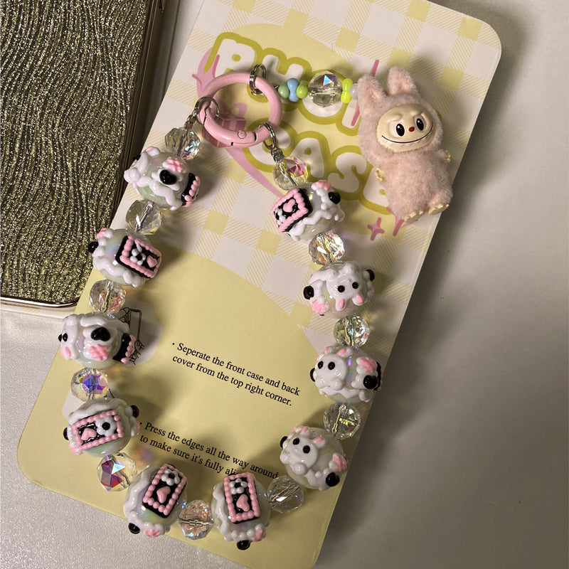 Kawaii Labubu Plush Charm Phone Strap – Handmade Beaded Keychain with Cute Dog Pendant & Glass Beads – Soft Girl Aesthetic Accessory