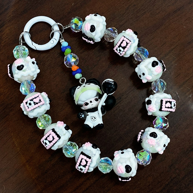 Handmade Kawaii Panda Dimo Beaded Keychain – Cute Black & White Doll Charm with Pink Details – Crystal Beads Phone Strap & Bag Accessory