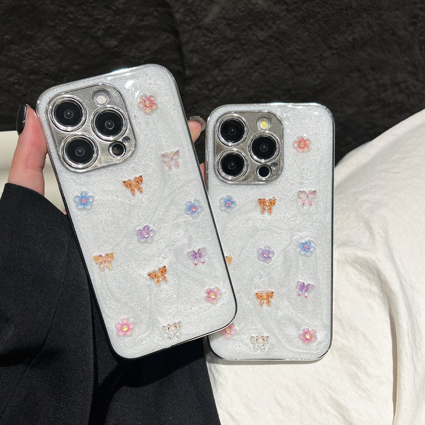 Elegant Glitter Butterfly Phone Case – White Pearl Shine with Floral Embellishments