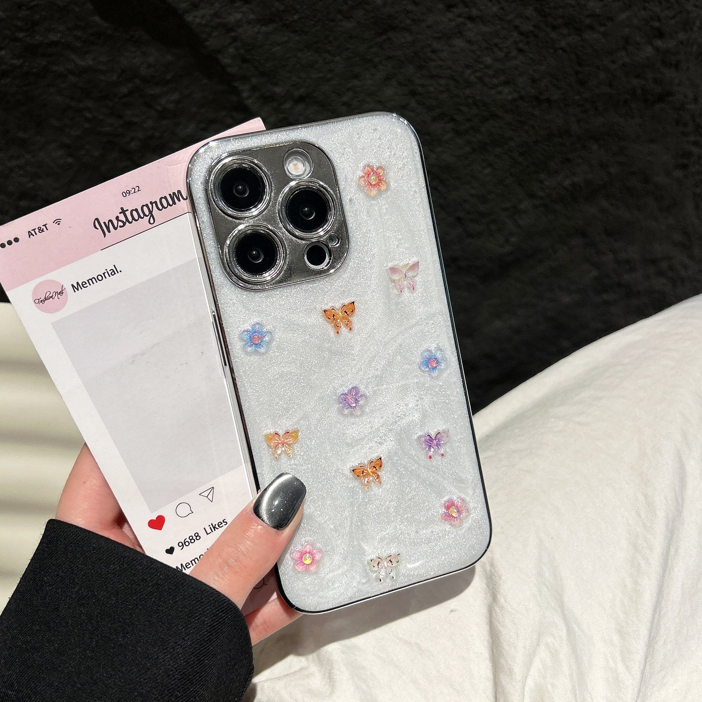 Elegant Glitter Butterfly Phone Case – White Pearl Shine with Floral Embellishments