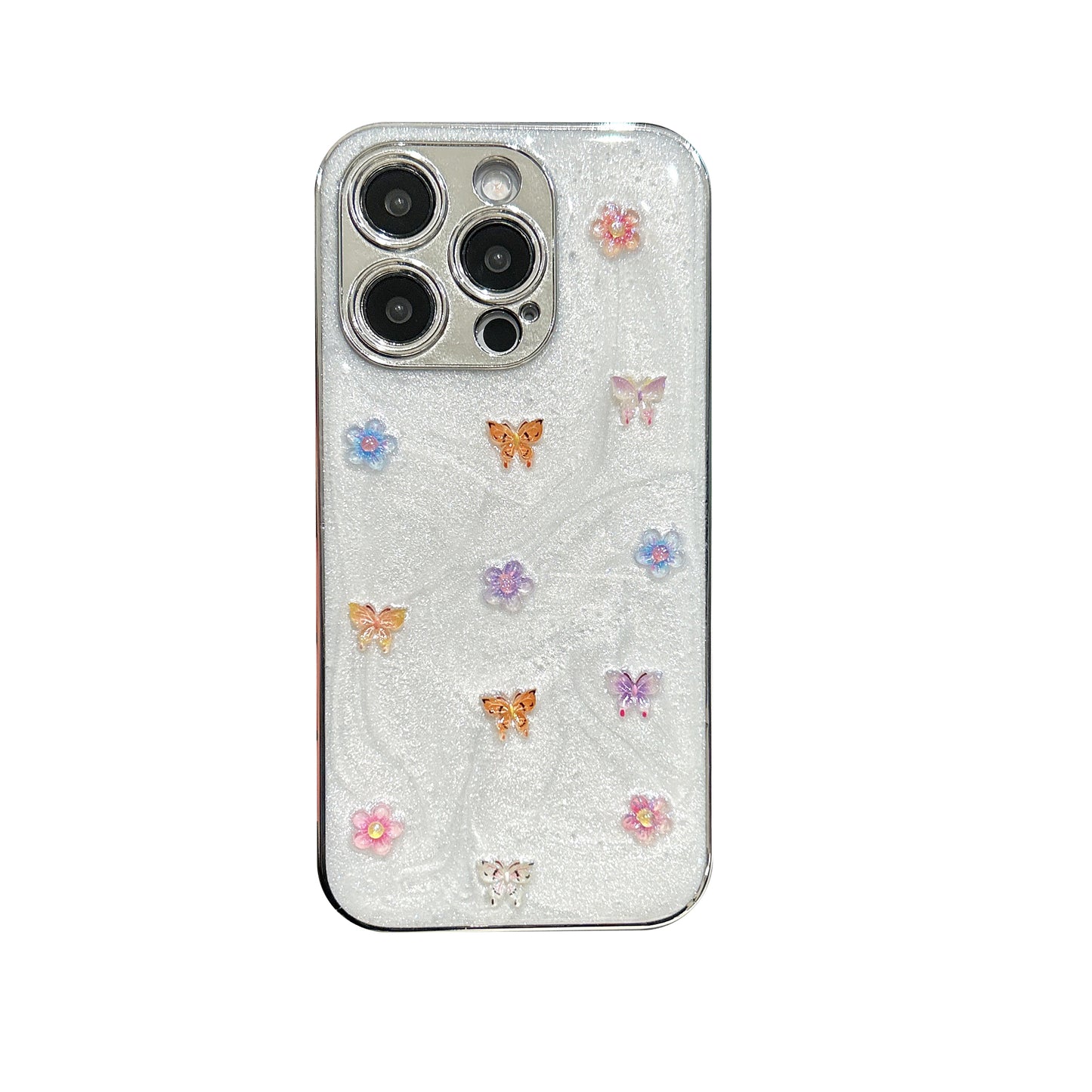 Elegant Glitter Butterfly Phone Case – White Pearl Shine with Floral Embellishments