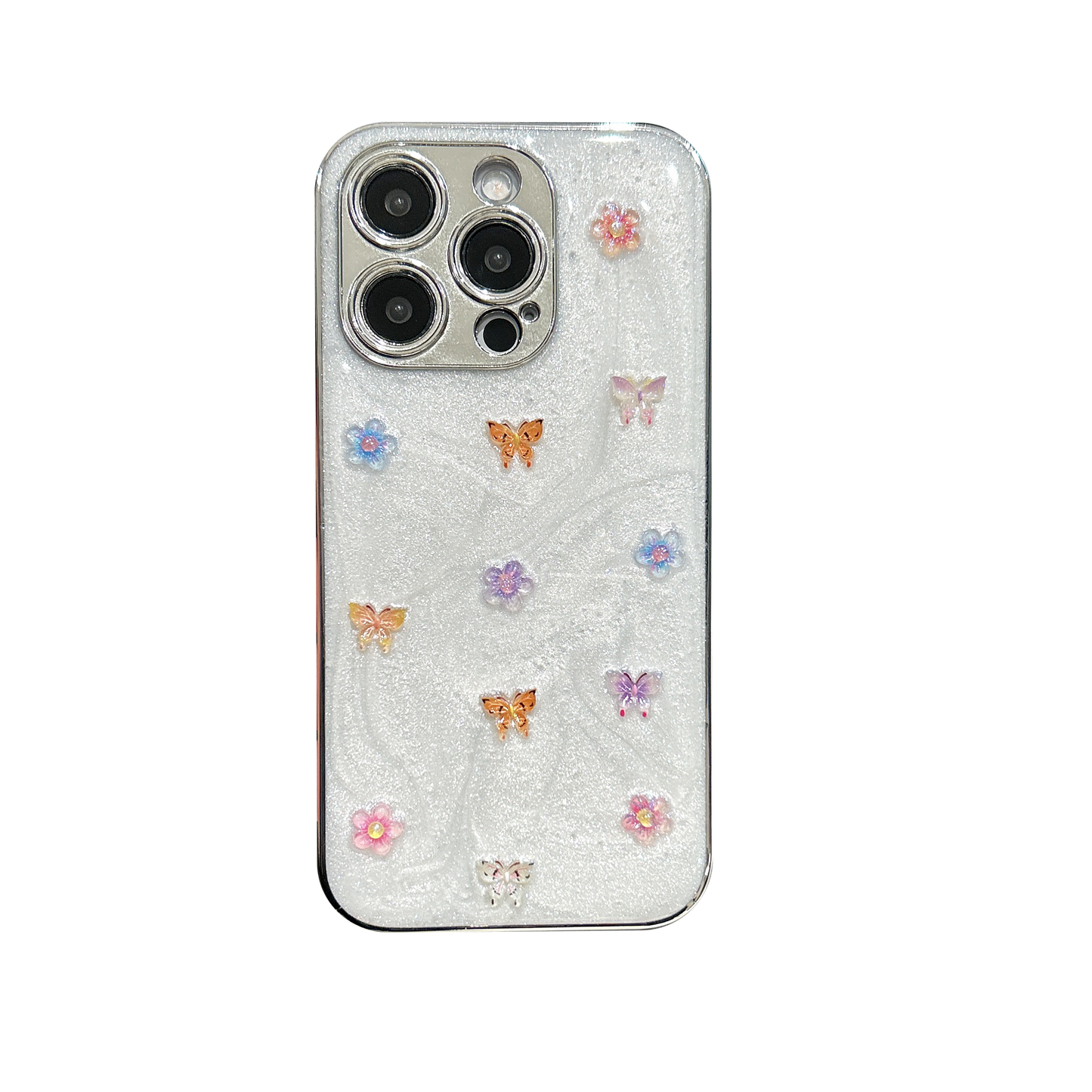Elegant Glitter Butterfly Phone Case – White Pearl Shine with Floral Embellishments