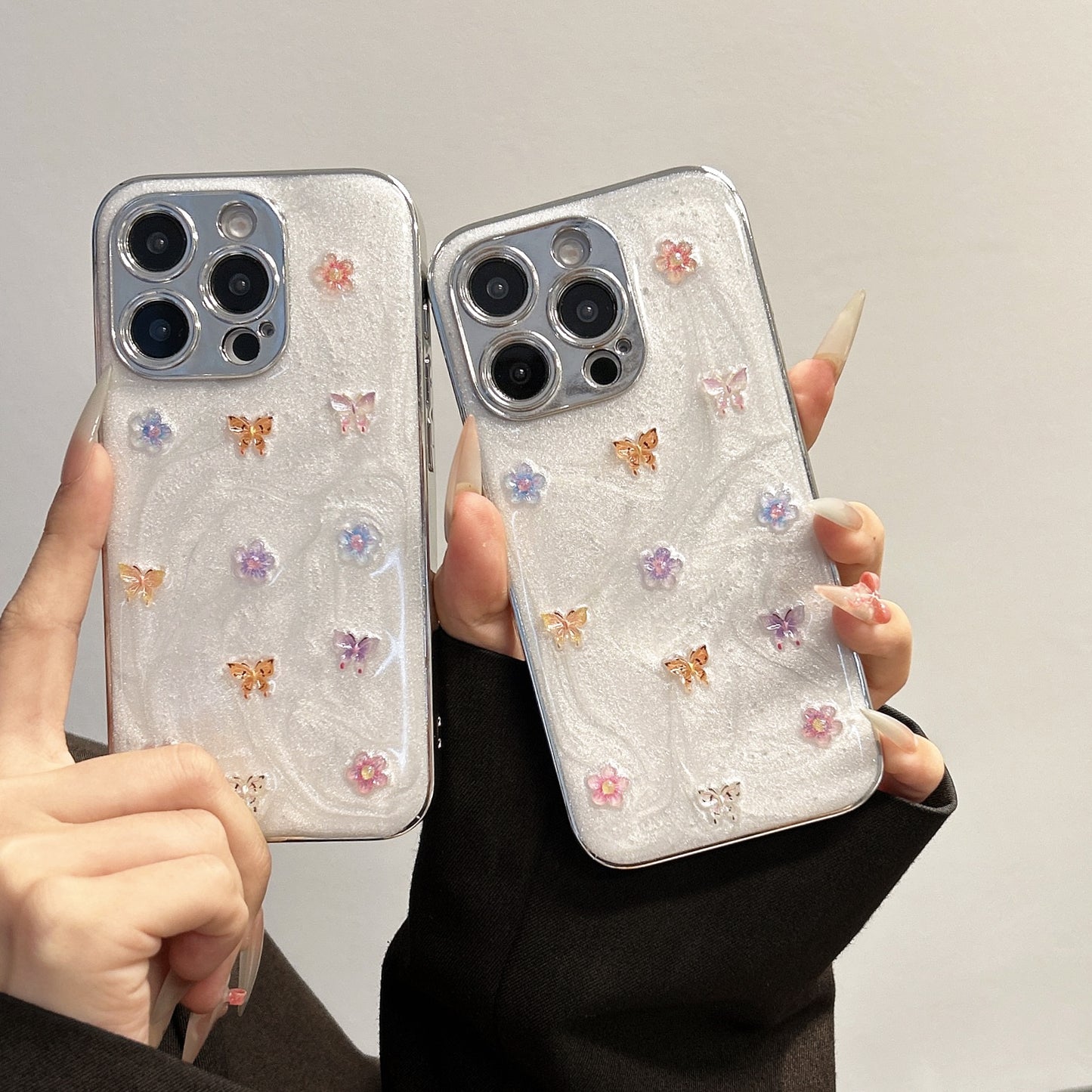 Elegant Glitter Butterfly Phone Case – White Pearl Shine with Floral Embellishments