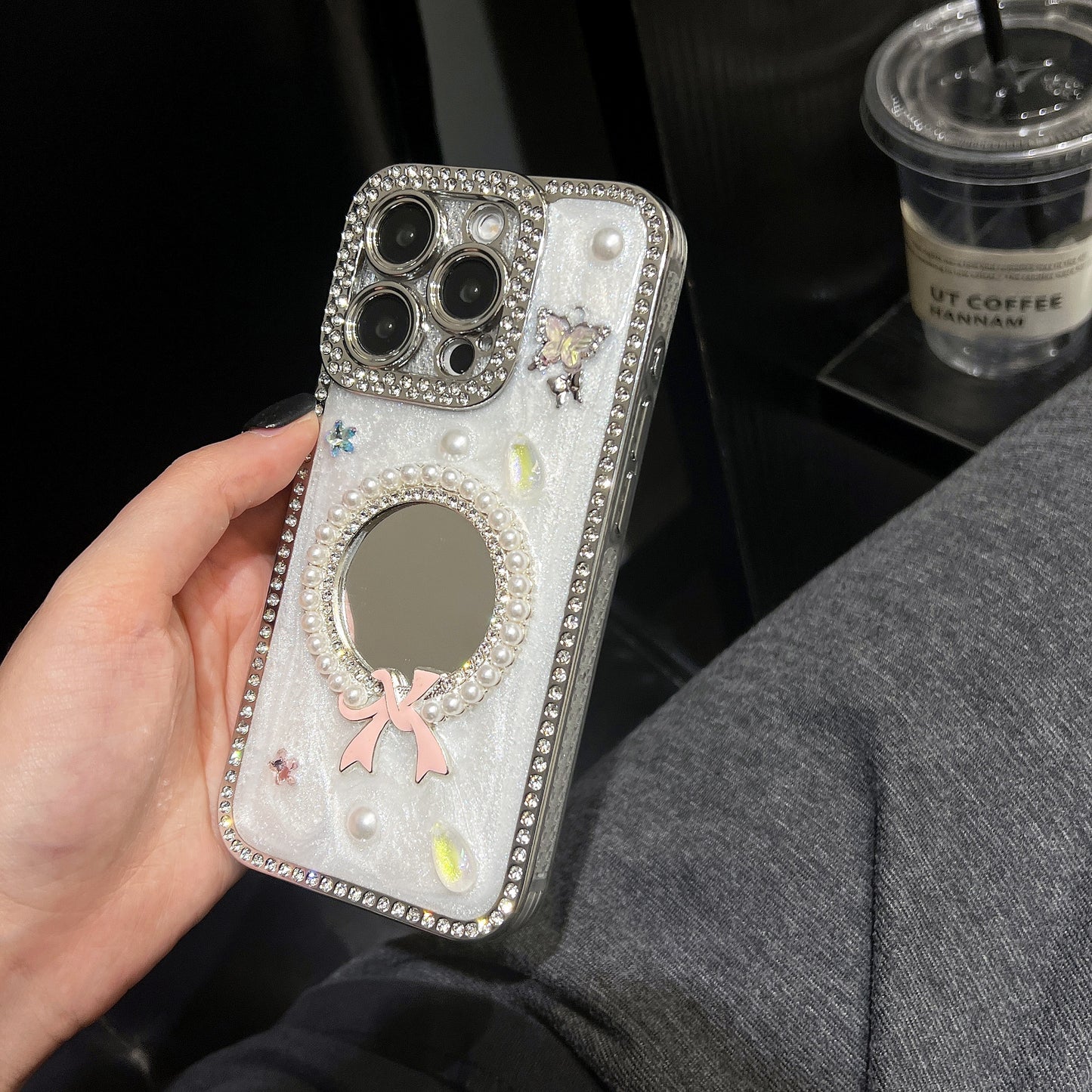Pearl Bow iPhone Case – Mirror Design with Pink Bow, Butterfly, and Crystal Accents, Glossy Finish, Luxury Case for iPhone 16/15/14/13, Perfect Gift for Her