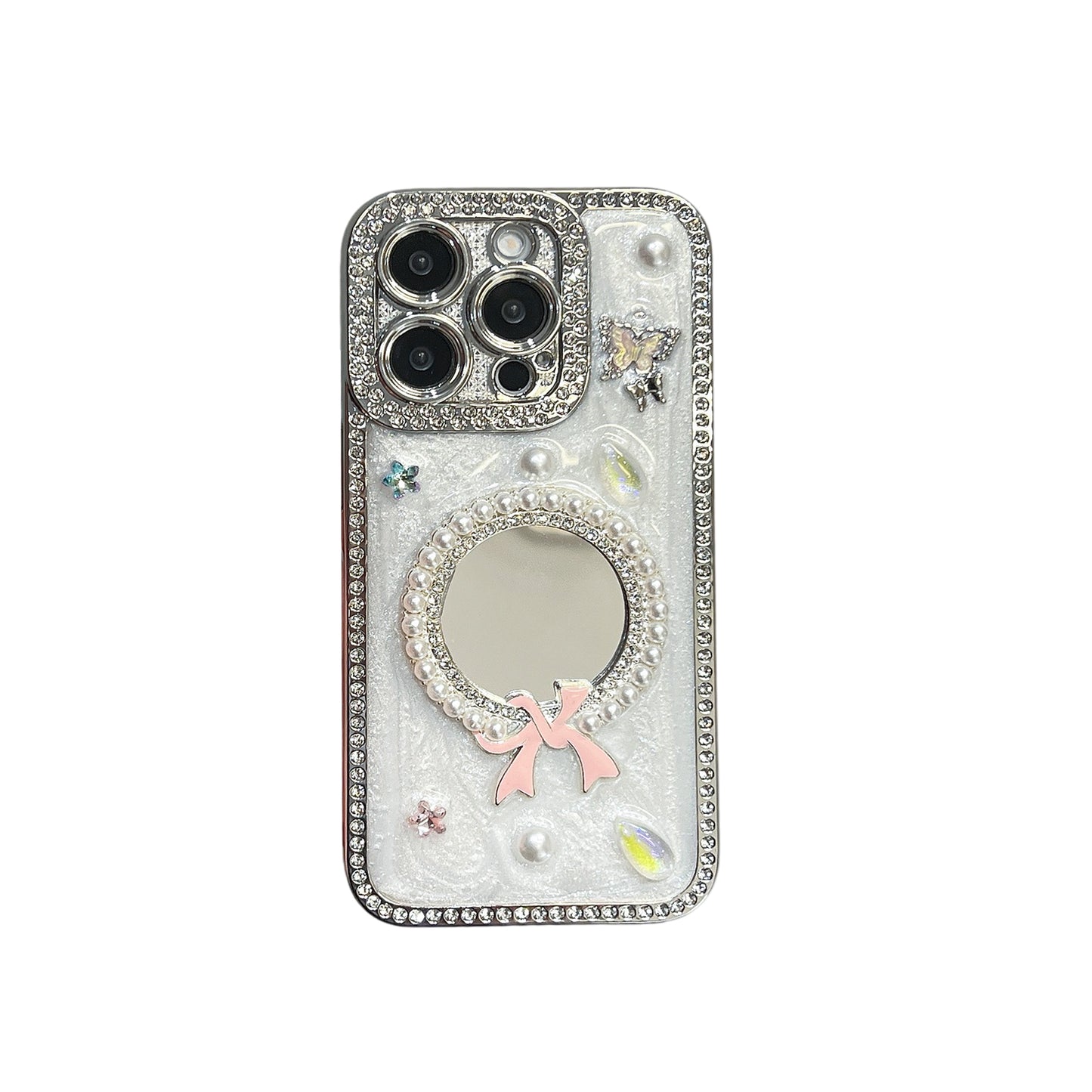 Pearl Bow iPhone Case – Mirror Design with Pink Bow, Butterfly, and Crystal Accents, Glossy Finish, Luxury Case for iPhone 16/15/14/13, Perfect Gift for Her