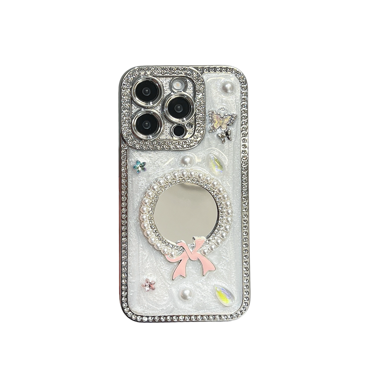 Pearl Bow iPhone Case – Mirror Design with Pink Bow, Butterfly, and Crystal Accents, Glossy Finish, Luxury Case for iPhone 16/15/14/13, Perfect Gift for Her