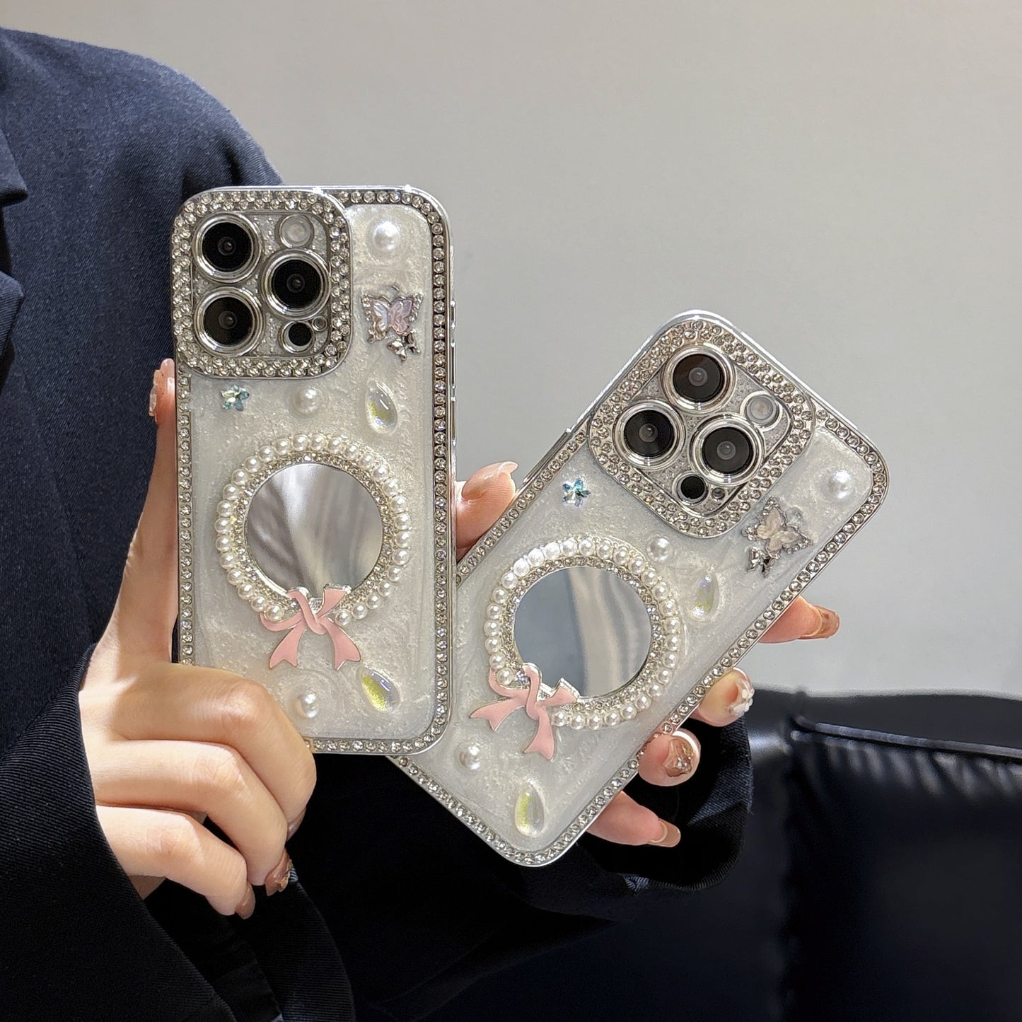 Pearl Bow iPhone Case – Mirror Design with Pink Bow, Butterfly, and Crystal Accents, Glossy Finish, Luxury Case for iPhone 16/15/14/13, Perfect Gift for Her