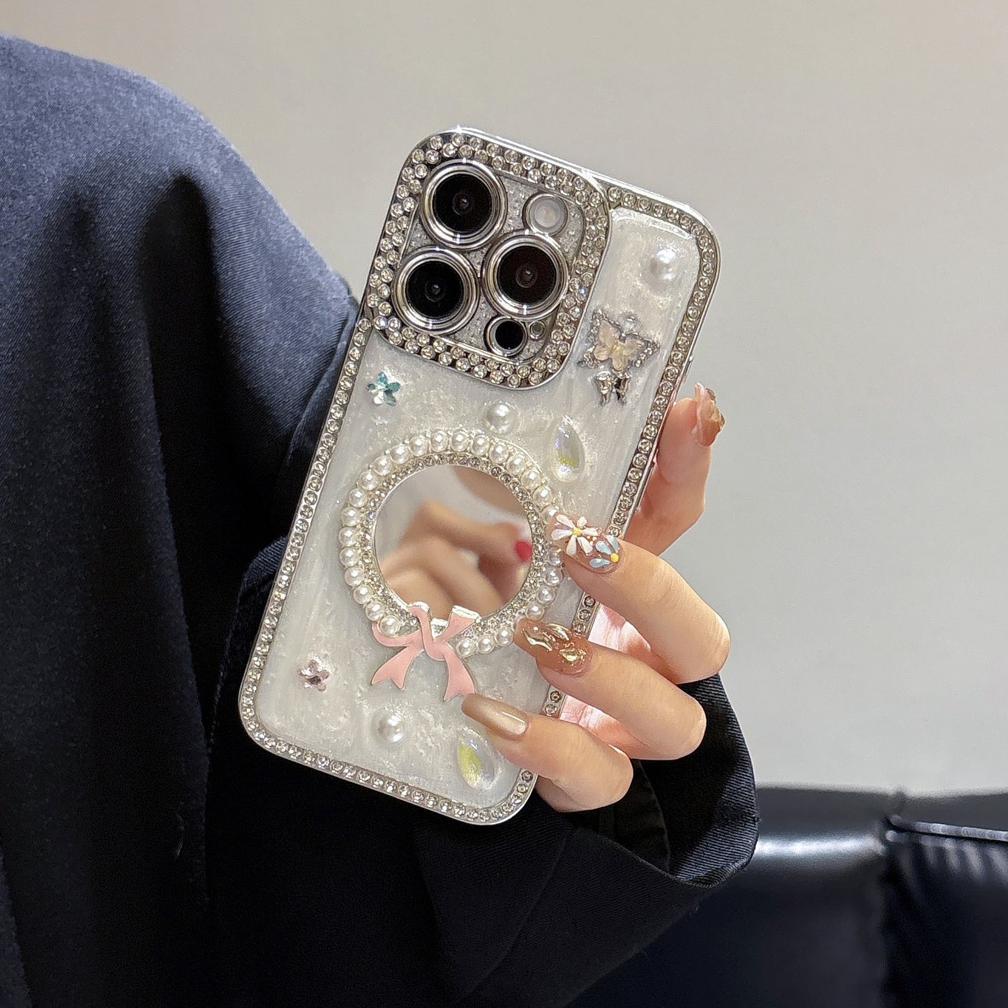 Pearl Bow iPhone Case – Mirror Design with Pink Bow, Butterfly, and Crystal Accents, Glossy Finish, Luxury Case for iPhone 16/15/14/13, Perfect Gift for Her
