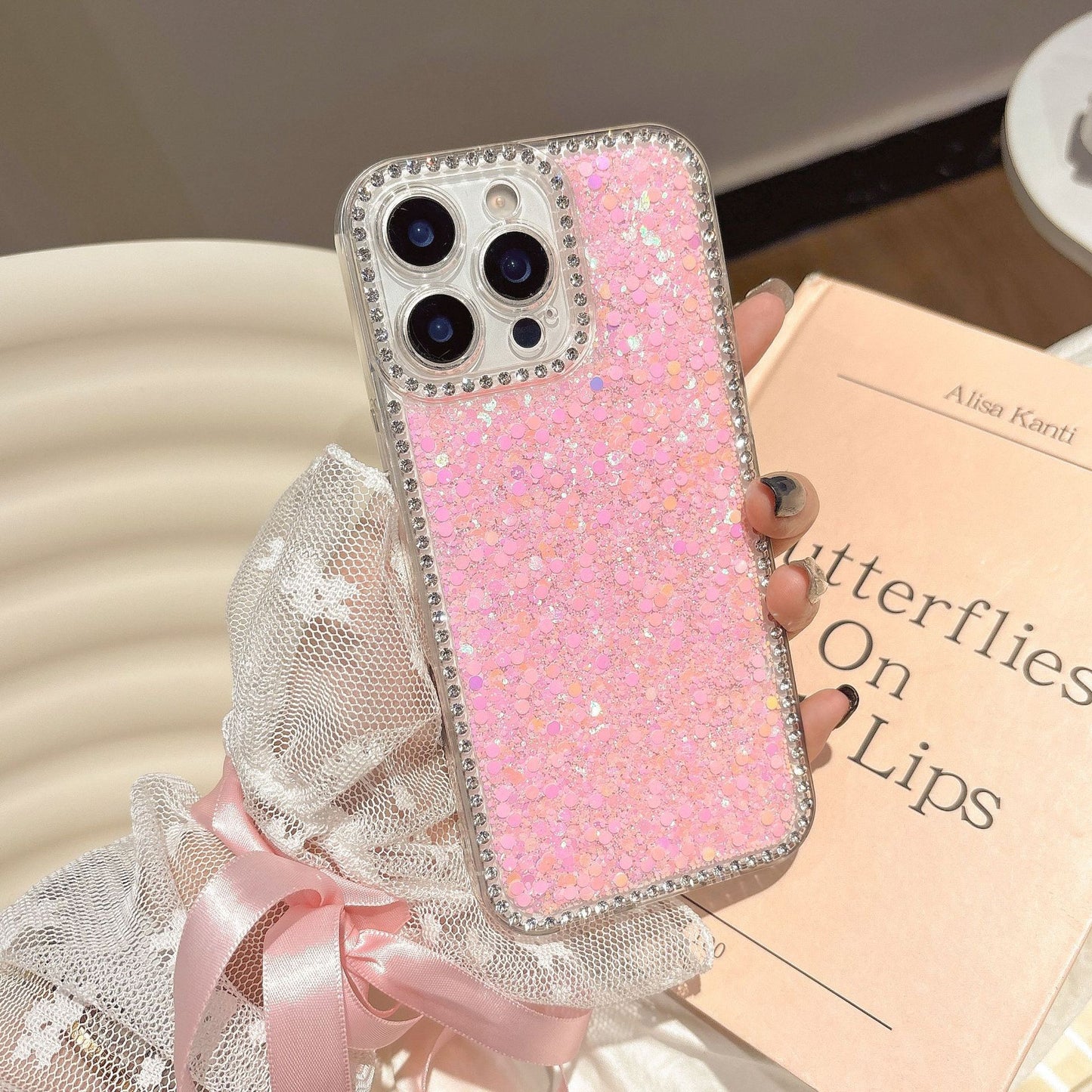Vintage Butterfly iPhone Case with 3D Embellishments – Elegant Floral Design with Gold Stud Frame