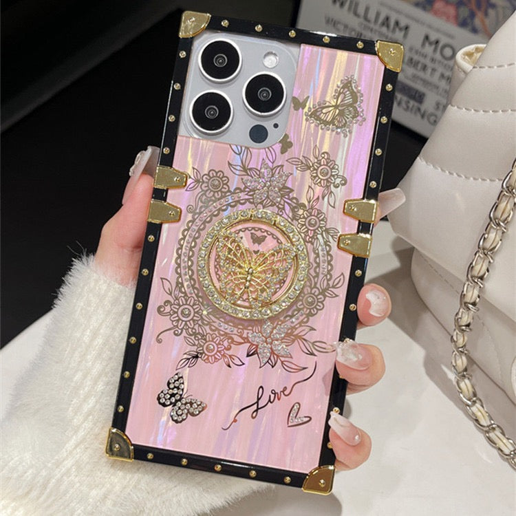 Vintage Butterfly iPhone Case with 3D Embellishments – Elegant Floral Design with Gold Stud Frame