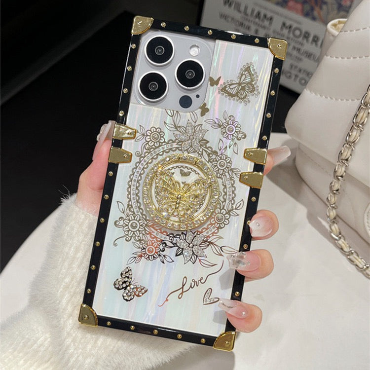 Vintage Butterfly iPhone Case with 3D Embellishments – Elegant Floral Design with Gold Stud Frame