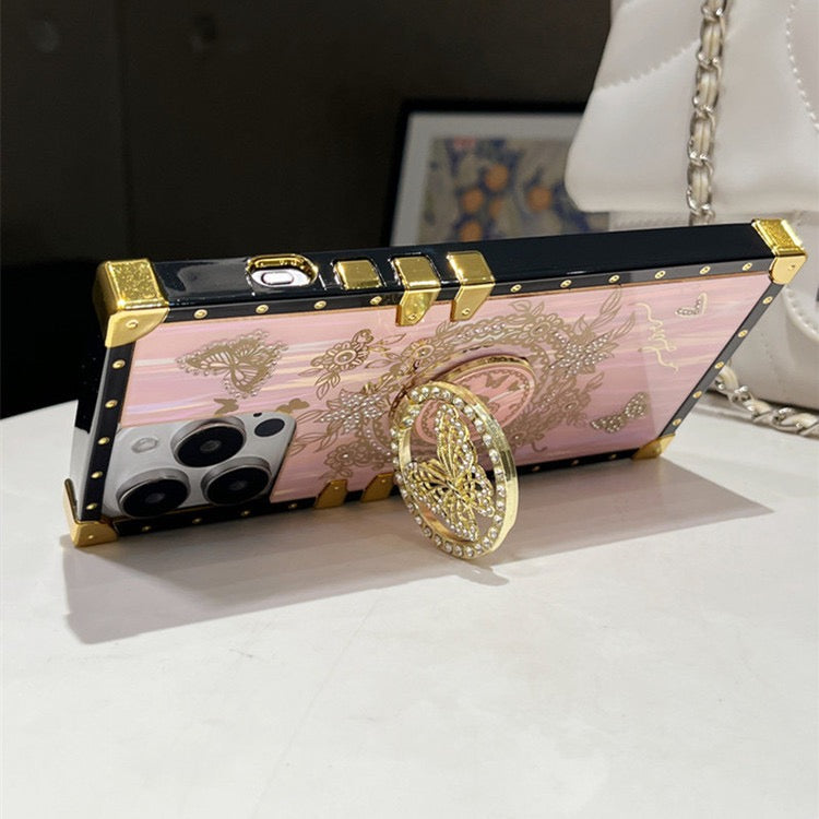 Vintage Butterfly iPhone Case with 3D Embellishments – Elegant Floral Design with Gold Stud Frame