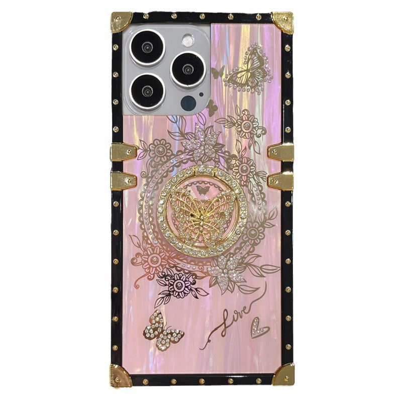 Vintage Butterfly iPhone Case with 3D Embellishments – Elegant Floral Design with Gold Stud Frame