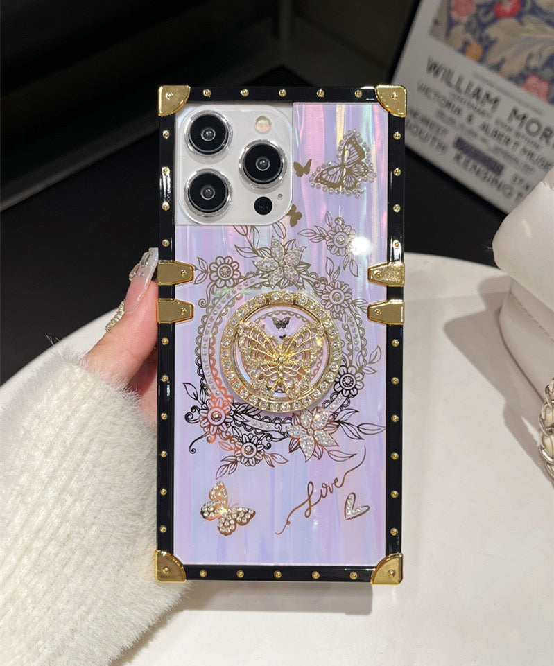 Vintage Butterfly iPhone Case with 3D Embellishments – Elegant Floral Design with Gold Stud Frame