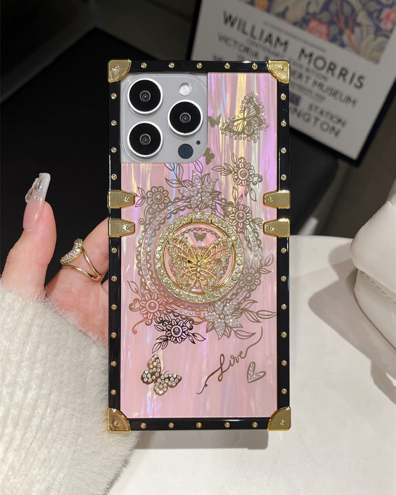 Vintage Butterfly iPhone Case with 3D Embellishments – Elegant Floral Design with Gold Stud Frame