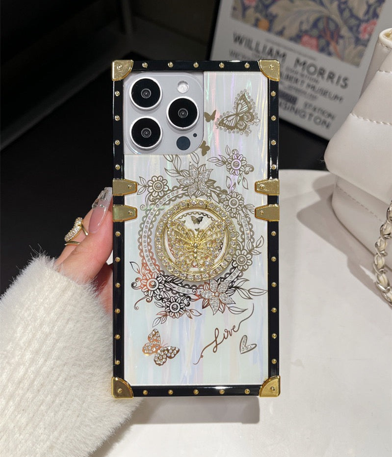 Vintage Butterfly iPhone Case with 3D Embellishments – Elegant Floral Design with Gold Stud Frame