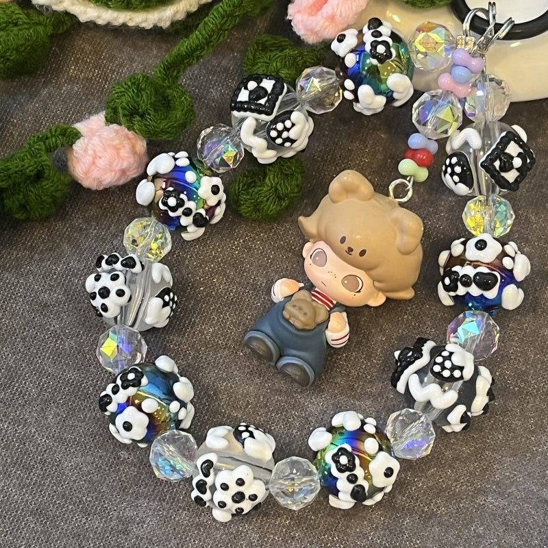 Dimoo Handmade Beaded Phone Strap – Kawaii Galaxy Doll Charm with Black & White Glass Beads – Cute Keychain, Bag Accessory & Toy Gift