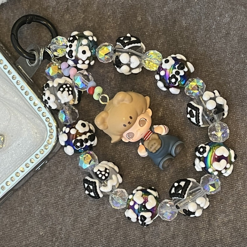 Dimoo Handmade Beaded Phone Strap – Kawaii Galaxy Doll Charm with Black & White Glass Beads – Cute Keychain, Bag Accessory & Toy Gift