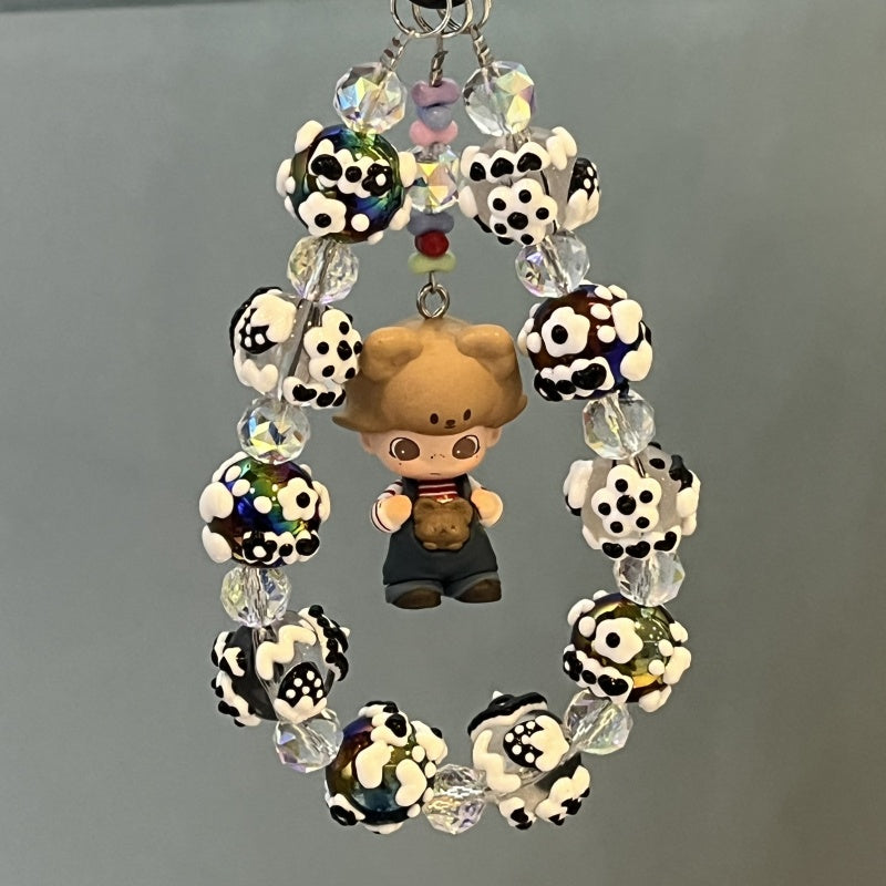 Dimoo Handmade Beaded Phone Strap – Kawaii Galaxy Doll Charm with Black & White Glass Beads – Cute Keychain, Bag Accessory & Toy Gift