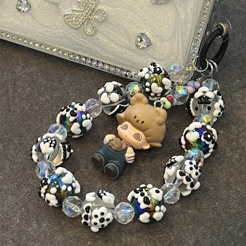 Dimoo Handmade Beaded Phone Strap – Kawaii Galaxy Doll Charm with Black & White Glass Beads – Cute Keychain, Bag Accessory & Toy Gift
