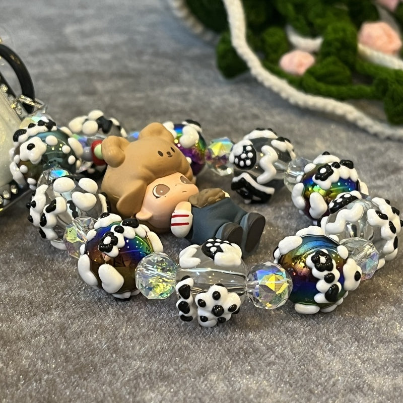 Dimoo Handmade Beaded Phone Strap – Kawaii Galaxy Doll Charm with Black & White Glass Beads – Cute Keychain, Bag Accessory & Toy Gift