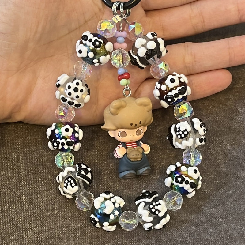 Dimoo Handmade Beaded Phone Strap – Kawaii Galaxy Doll Charm with Black & White Glass Beads – Cute Keychain, Bag Accessory & Toy Gift