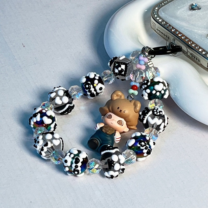 Dimoo Handmade Beaded Phone Strap – Kawaii Galaxy Doll Charm with Black & White Glass Beads – Cute Keychain, Bag Accessory & Toy Gift