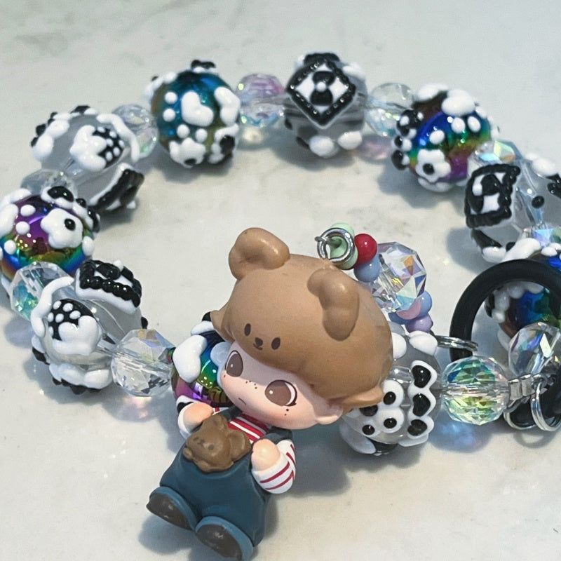 Dimoo Handmade Beaded Phone Strap – Kawaii Galaxy Doll Charm with Black & White Glass Beads – Cute Keychain, Bag Accessory & Toy Gift