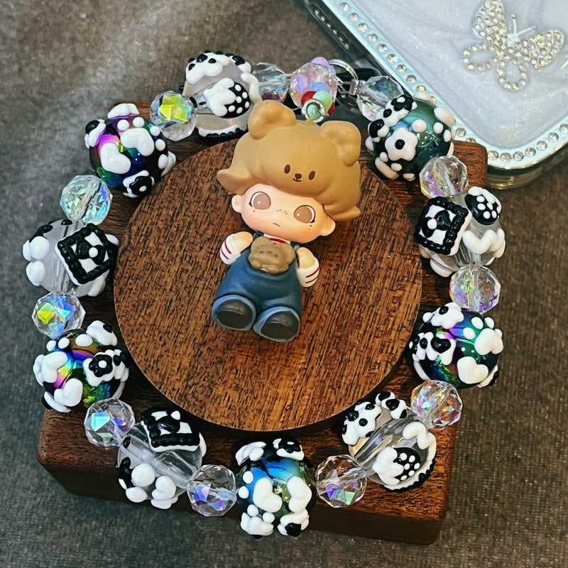 Dimoo Handmade Beaded Phone Strap – Kawaii Galaxy Doll Charm with Black & White Glass Beads – Cute Keychain, Bag Accessory & Toy Gift