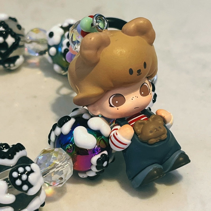 Dimoo Handmade Beaded Phone Strap – Kawaii Galaxy Doll Charm with Black & White Glass Beads – Cute Keychain, Bag Accessory & Toy Gift