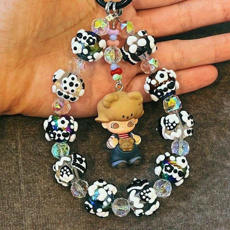 Dimoo Handmade Beaded Phone Strap – Kawaii Galaxy Doll Charm with Black & White Glass Beads – Cute Keychain, Bag Accessory & Toy Gift