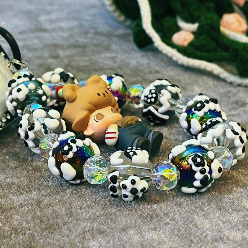 Dimoo Handmade Beaded Phone Strap – Kawaii Galaxy Doll Charm with Black & White Glass Beads – Cute Keychain, Bag Accessory & Toy Gift