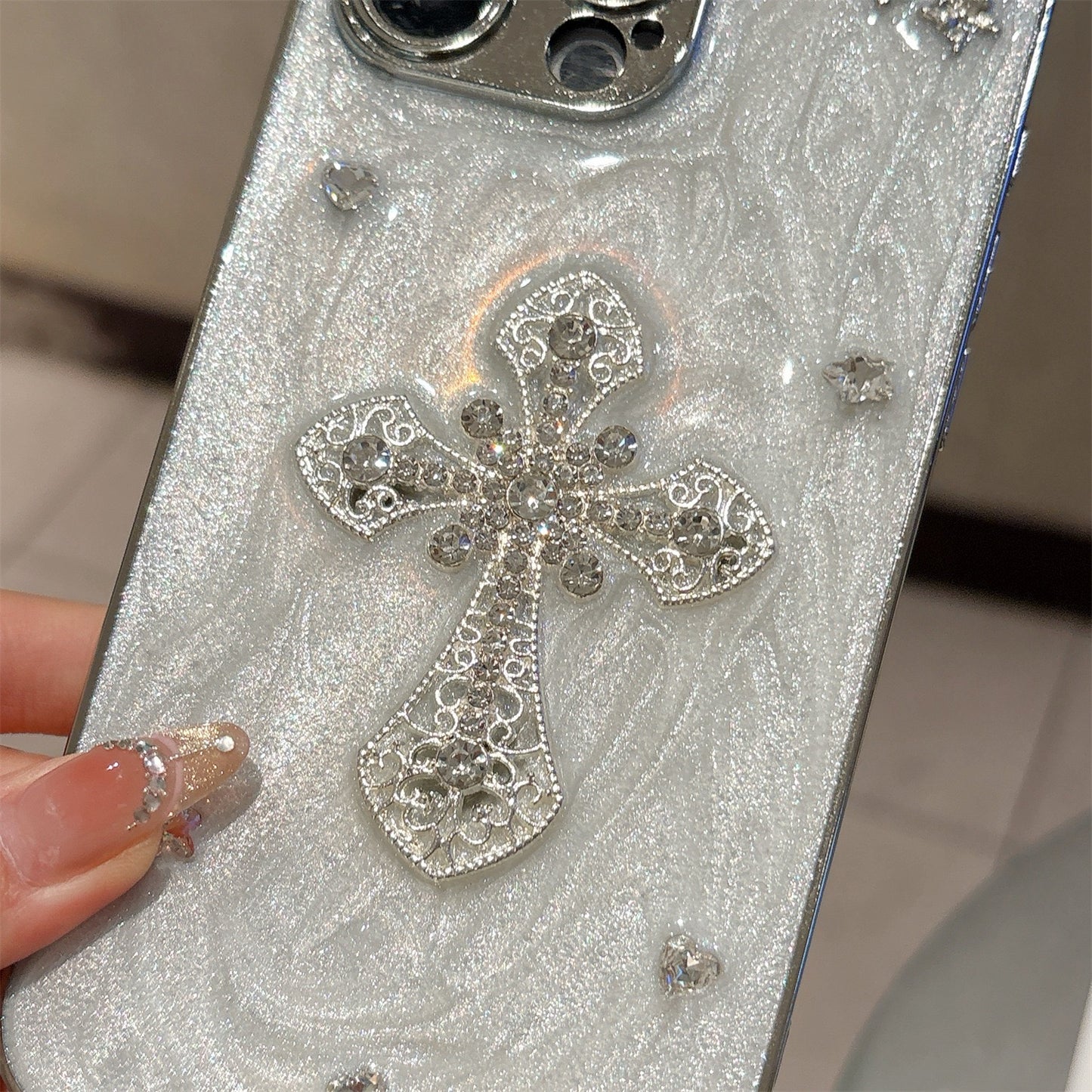 Gothic Angel Cross iPhone Case – Pearl Texture with 3D Crystal Accents
