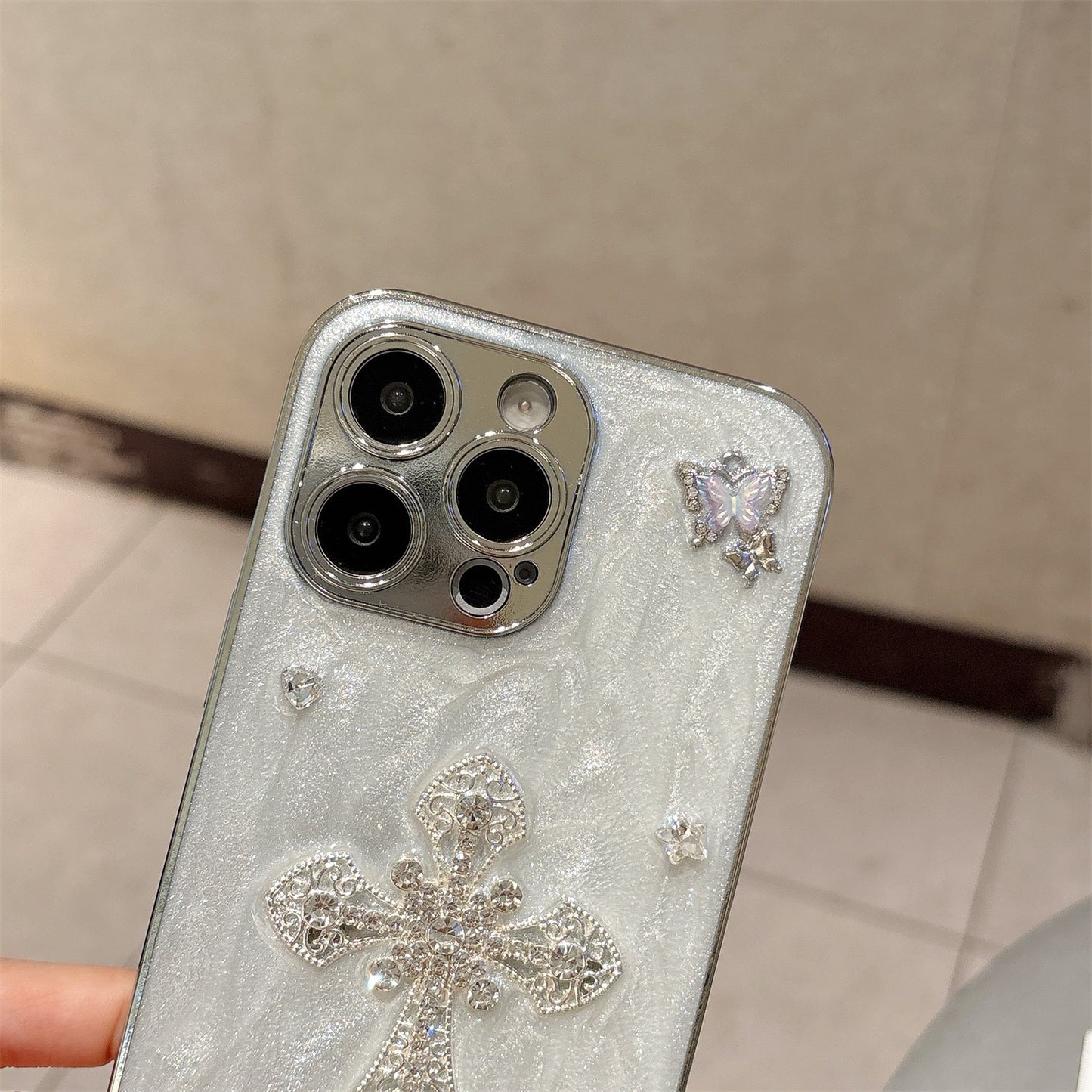 Gothic Angel Cross iPhone Case – Pearl Texture with 3D Crystal Accents