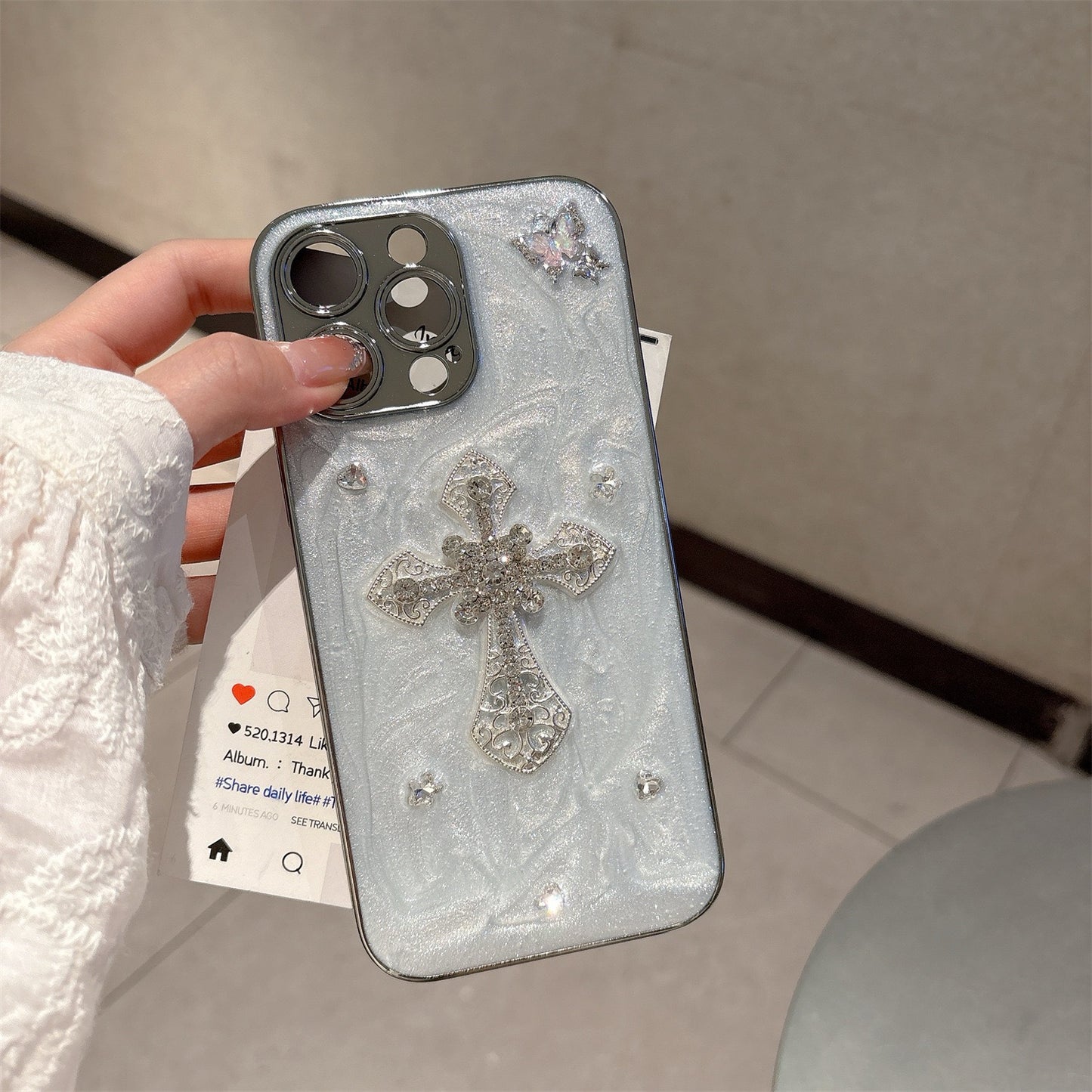 Gothic Angel Cross iPhone Case – Pearl Texture with 3D Crystal Accents