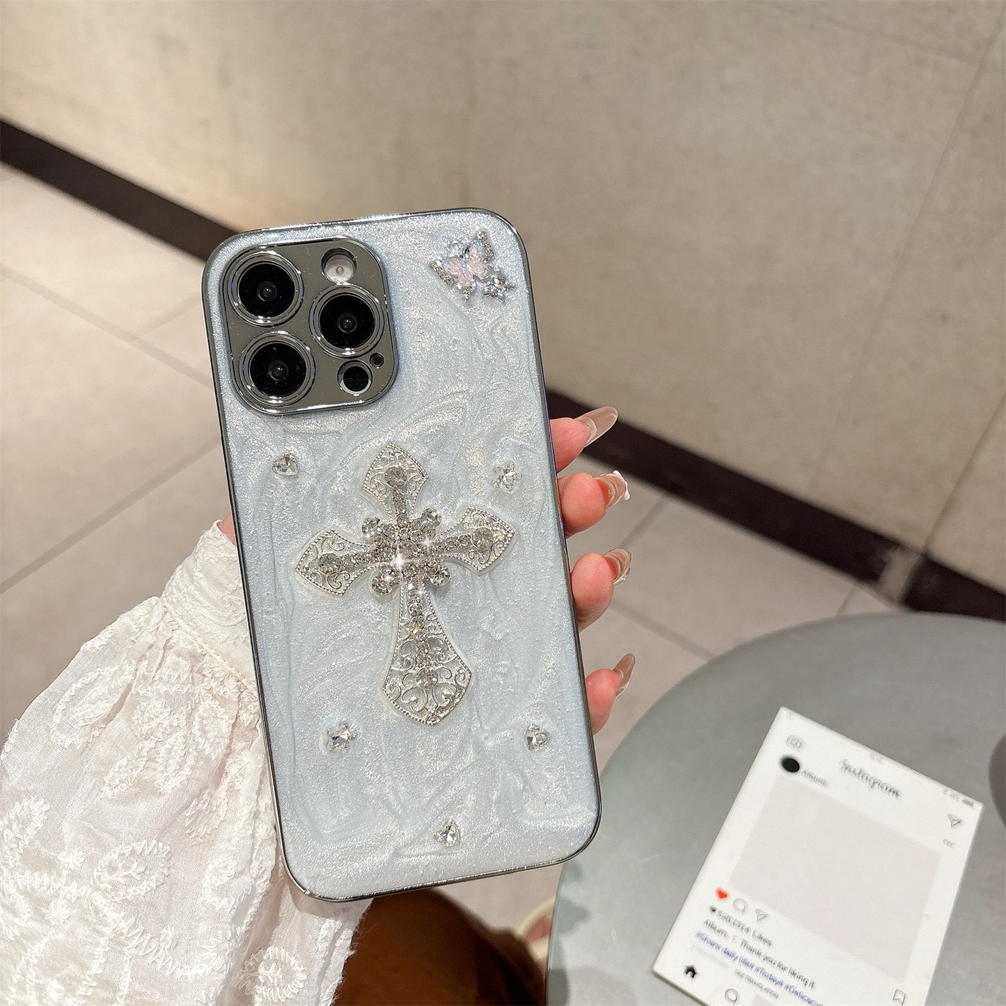 Gothic Angel Cross iPhone Case – Pearl Texture with 3D Crystal Accents