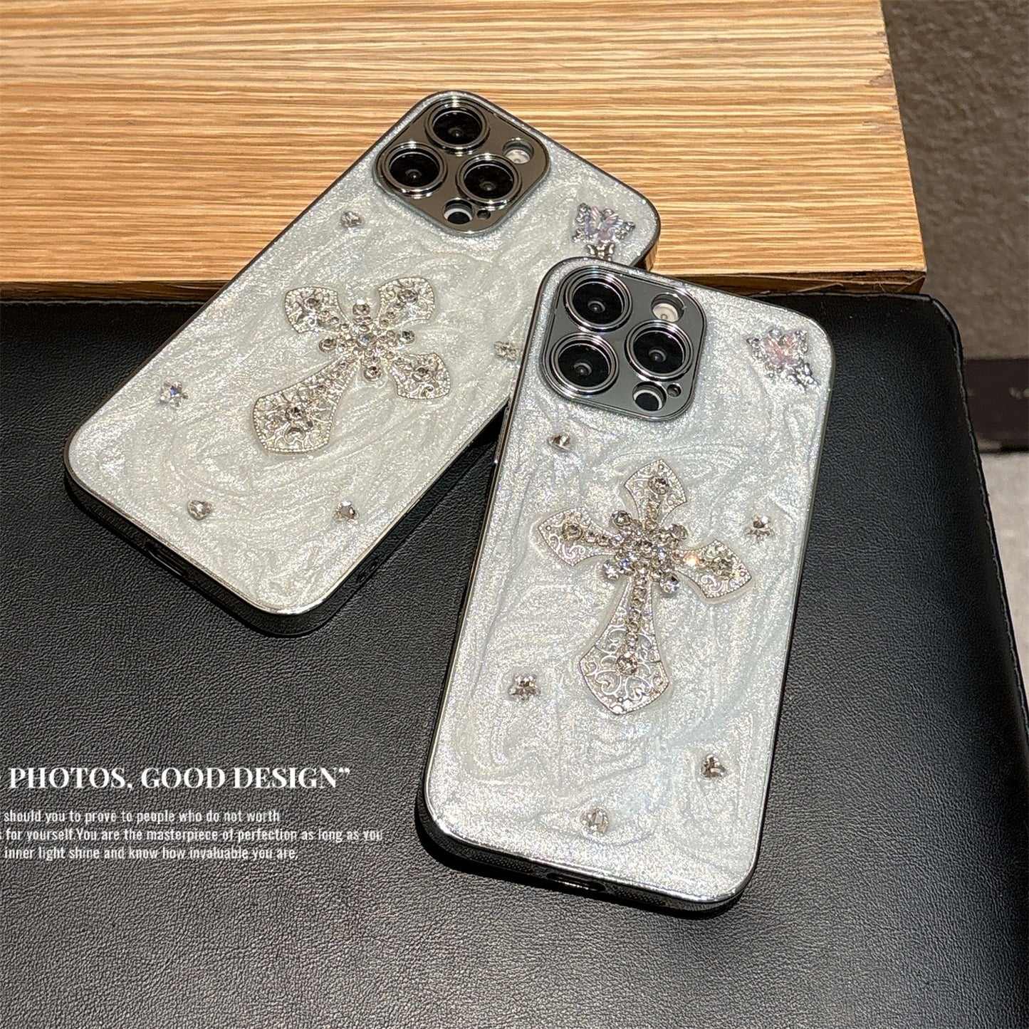 Gothic Angel Cross iPhone Case – Pearl Texture with 3D Crystal Accents