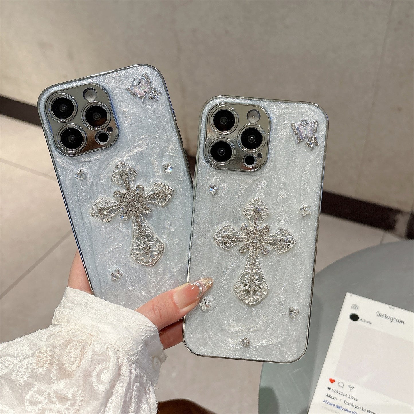 Gothic Angel Cross iPhone Case – Pearl Texture with 3D Crystal Accents