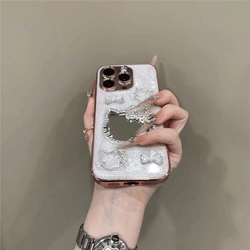 Sparkly 3D Kitty Mirror Phone Case – Glitter Bling Rhinestone Protective Cover for iPhone – Cute Pink Cat Design for Girls & Teens