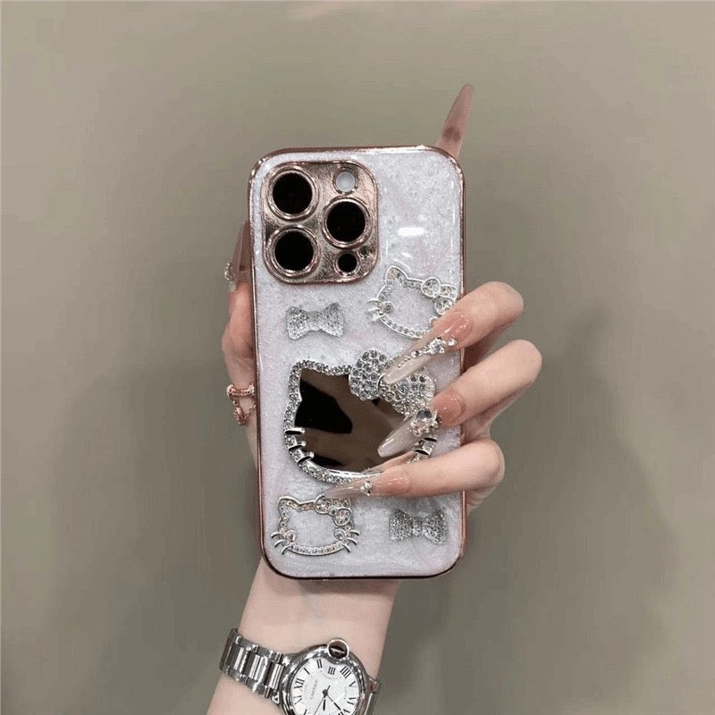 Sparkly 3D Kitty Mirror Phone Case – Glitter Bling Rhinestone Protective Cover for iPhone – Cute Pink Cat Design for Girls & Teens