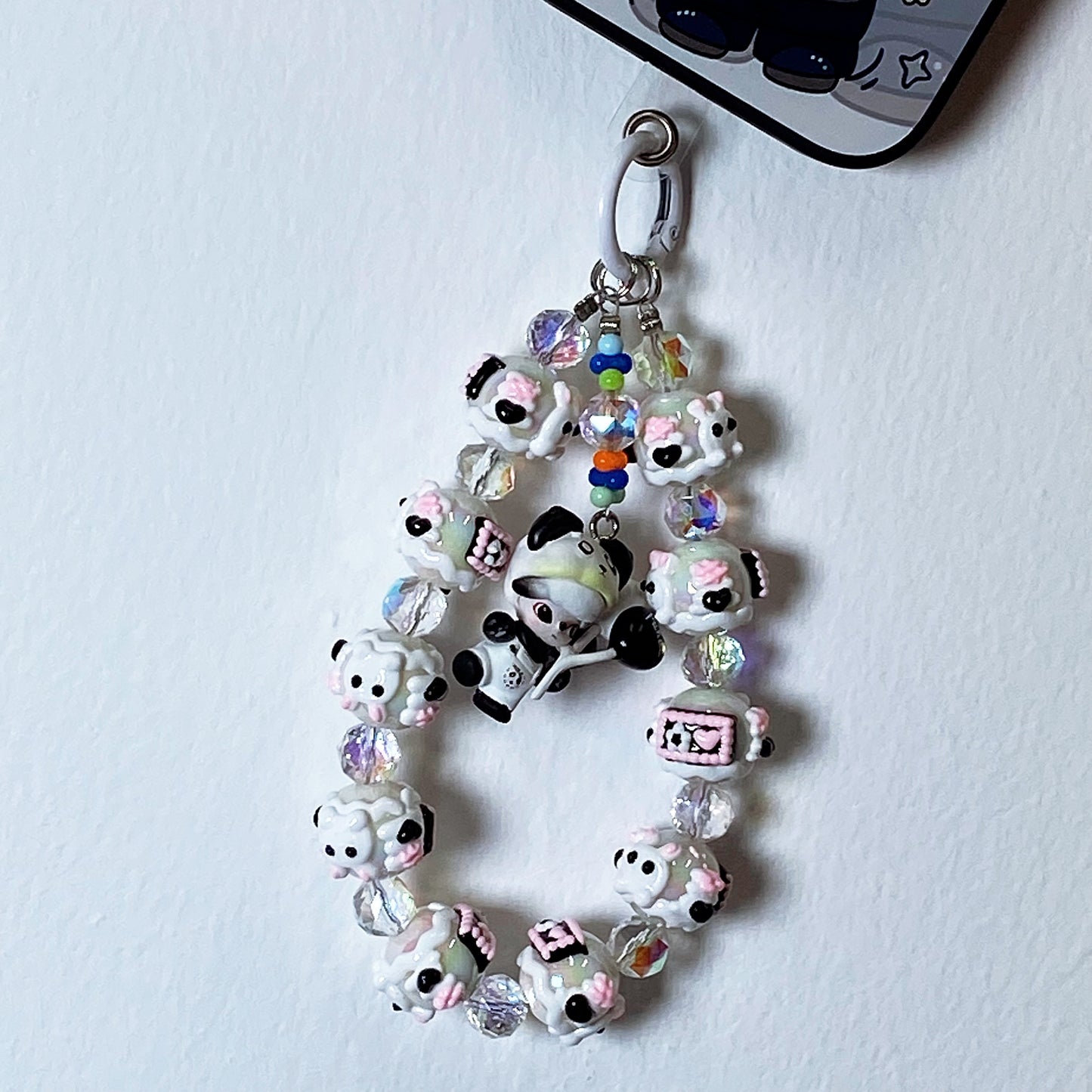 Handmade Kawaii Panda Dimo Beaded Keychain – Cute Black & White Doll Charm with Pink Details – Crystal Beads Phone Strap & Bag Accessory