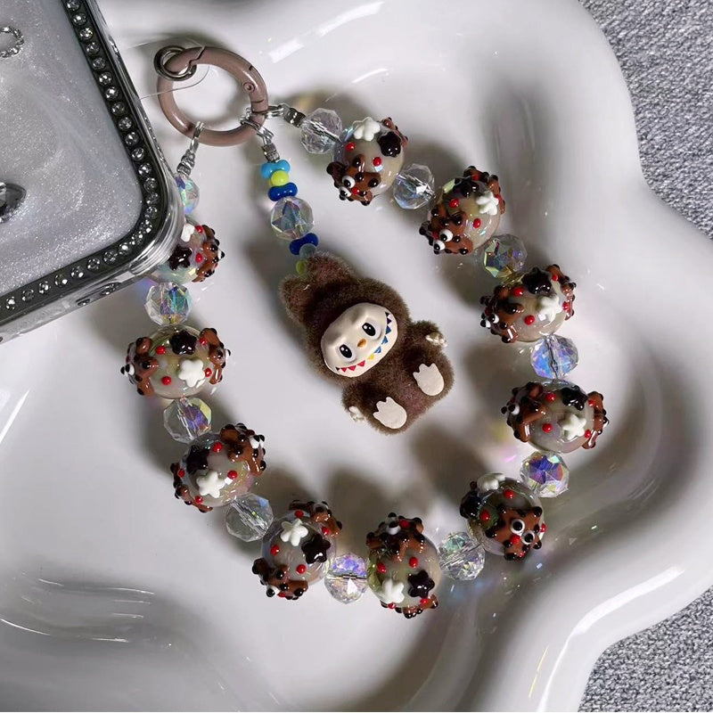 Labubu Yeti Style Phone Strap – Handmade Beaded Charm with Fuzzy Monster Doll & Cookie-Inspired Glass Beads – Cute Keychain & Bag Accessory