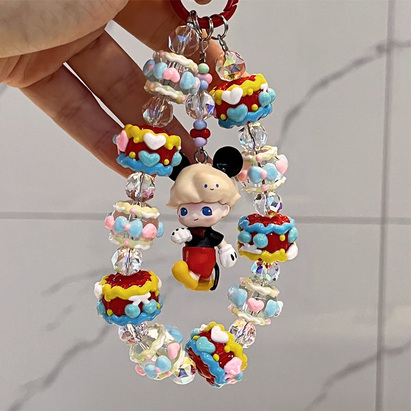 Dimoo Mickey Style Phone Strap – Handmade Cream Beaded Charm with Cute Cartoon Doll & Crystal Beads – Kawaii Bag Accessory & Toy Gift