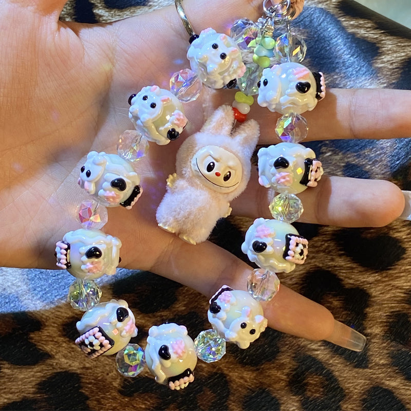 Kawaii Labubu Plush Charm Phone Strap – Handmade Beaded Keychain with Cute Dog Pendant & Glass Beads – Soft Girl Aesthetic Accessory