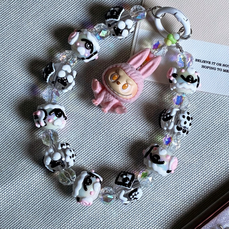 Kawaii Pink Labubu Plush Rabbit Charm Keychain – Handmade Black & White Beaded Phone Strap – Cute Soft Girl Bag Accessory & Gift