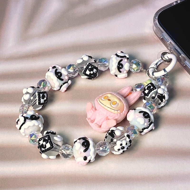 Kawaii Pink Labubu Plush Rabbit Charm Keychain – Handmade Black & White Beaded Phone Strap – Cute Soft Girl Bag Accessory & Gift
