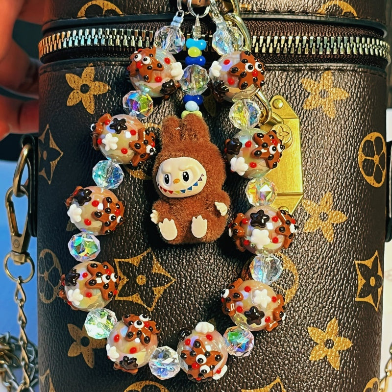 Labubu Yeti Style Phone Strap – Handmade Beaded Charm with Fuzzy Monster Doll & Cookie-Inspired Glass Beads – Cute Keychain & Bag Accessory