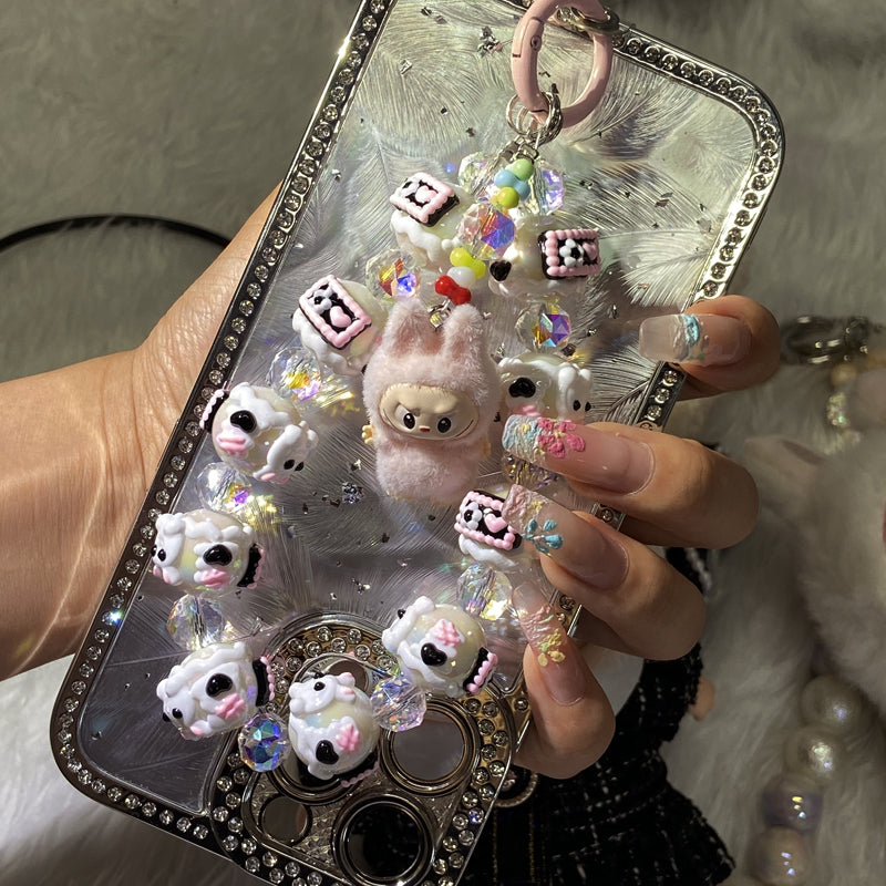 Kawaii Labubu Plush Charm Phone Strap – Handmade Beaded Keychain with Cute Dog Pendant & Glass Beads – Soft Girl Aesthetic Accessory