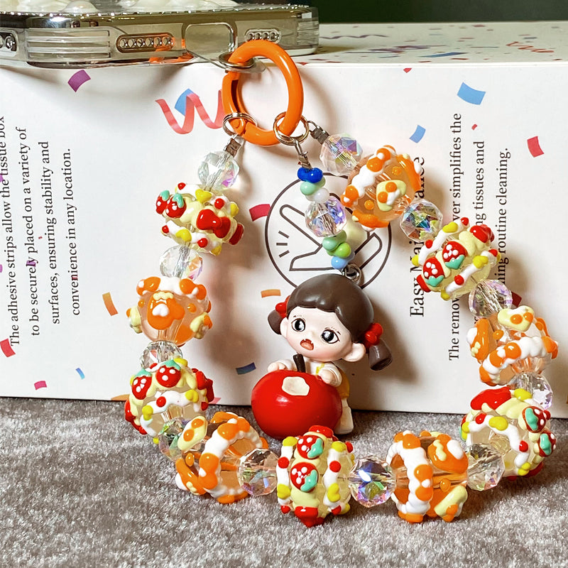 Cute Handmade Candy Beaded Keychain – Adorable Girl with Red Apple Charm Phone Chain – Colorful Beads Mobile Strap – Unique Bag Accessory & Gift for Teens